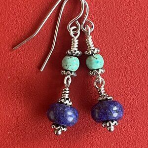 Lapis Lazuli & Turquoise Stone Earrings, Boho Gemstone Dangle Earrings